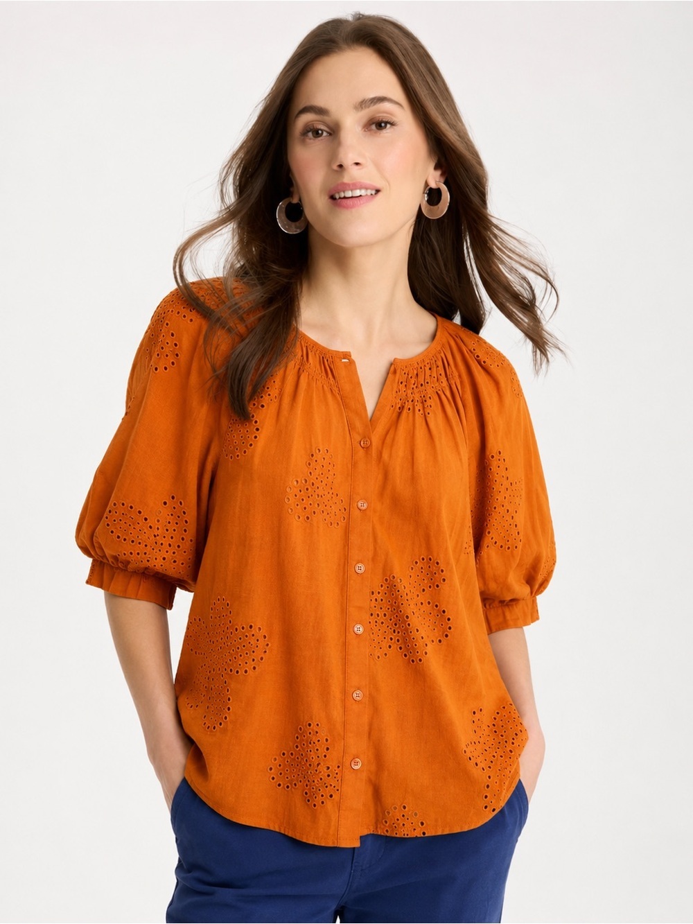 Chico's Orange Ramie Cutwork Blouse Button Front Cutwork Embroidered Puff Sleeve